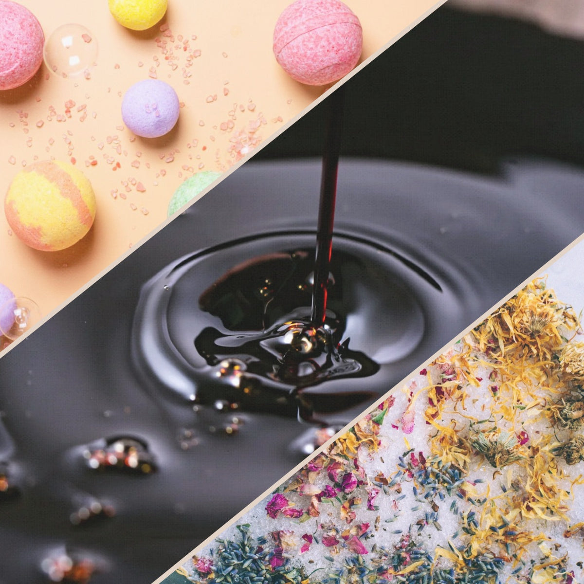 Textures of bath bombs, ordinary herbal bath products and concentrated Vitara herbal bath essence
