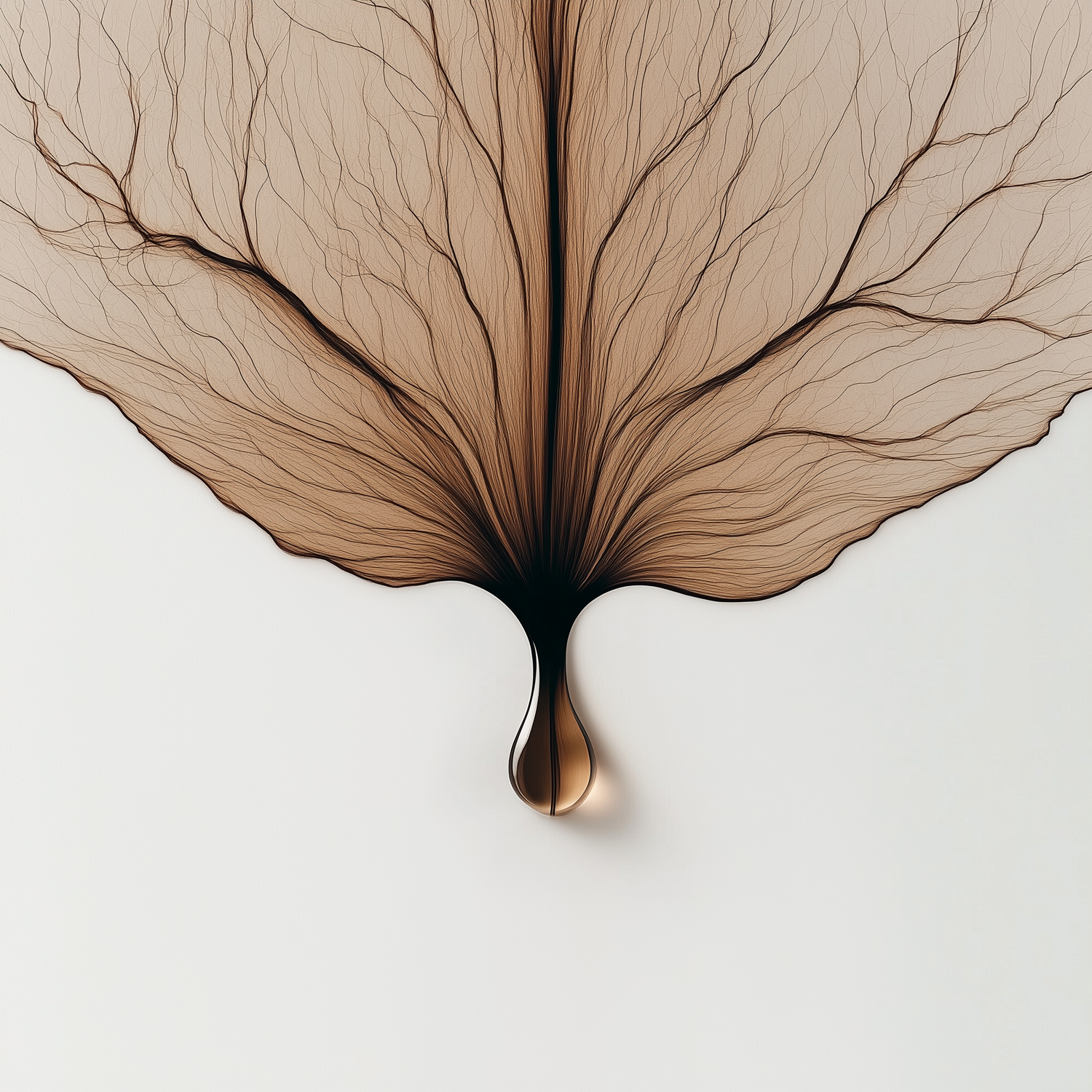 Brown herbal essence dripping from a leaf with vein