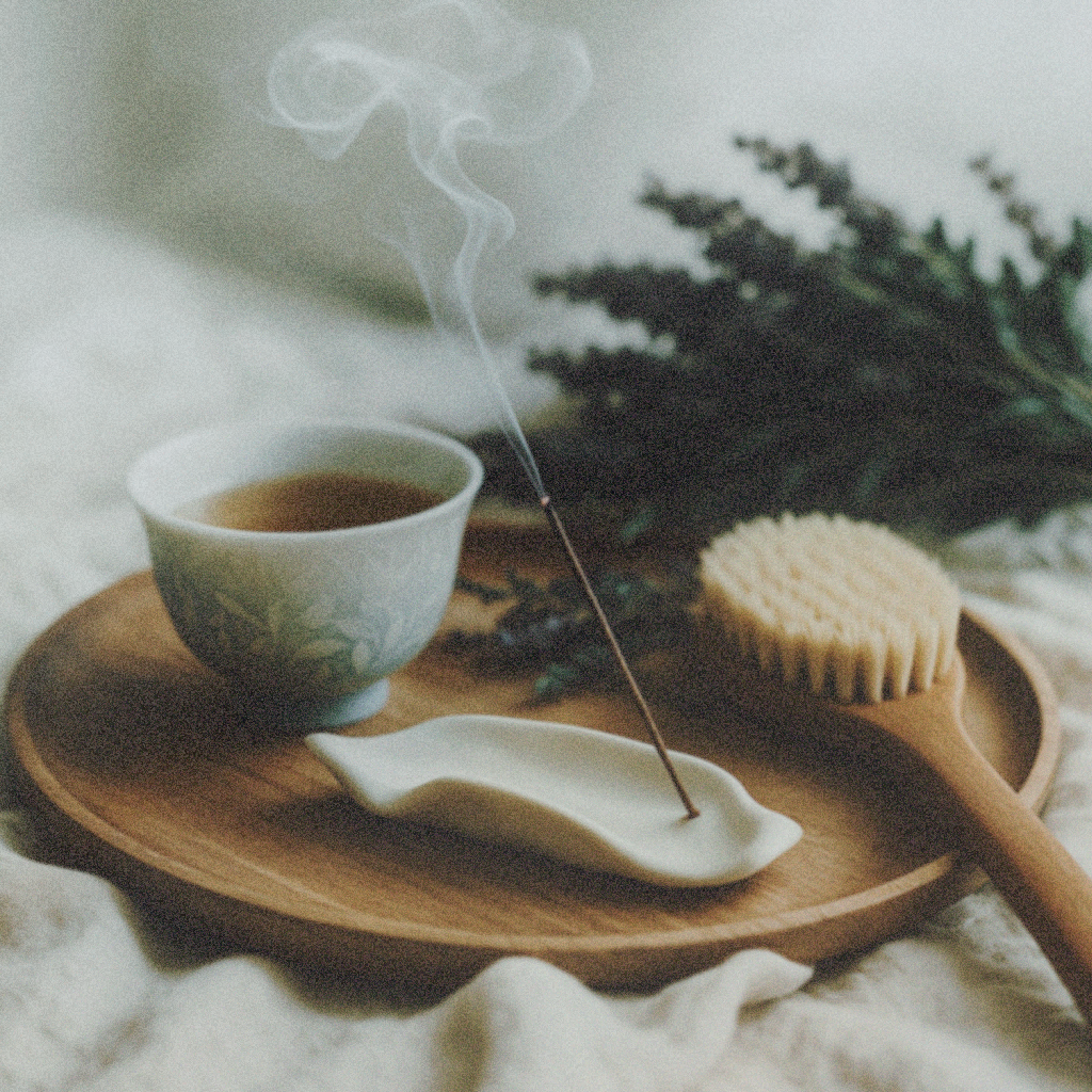 A full set of ritual essentials, tea, incense stick, and bath brush on a wooden tray